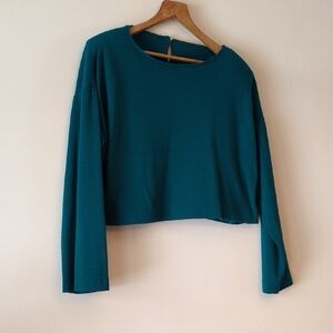 Vintage 80's Oversized Teal Crop Top, Sz L, Long Sleeve